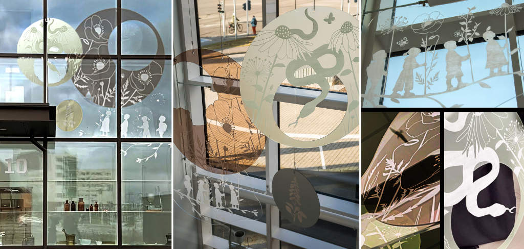 Design patterns with medicinal herbs and plants for hallways, meeting rooms, and entrance areas at the Regional Pharmacy in Central Jutland/Denmark